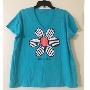 Life is Good Large Sleep Shirt Short Sleeve Turquoise Blue Five Petal Flower